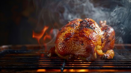 Canvas Print - A perfectly cooked grilled chicken with crispy skin and smoky aroma sits on a hot grill. The chicken is steaming and glistening with flavorful juices