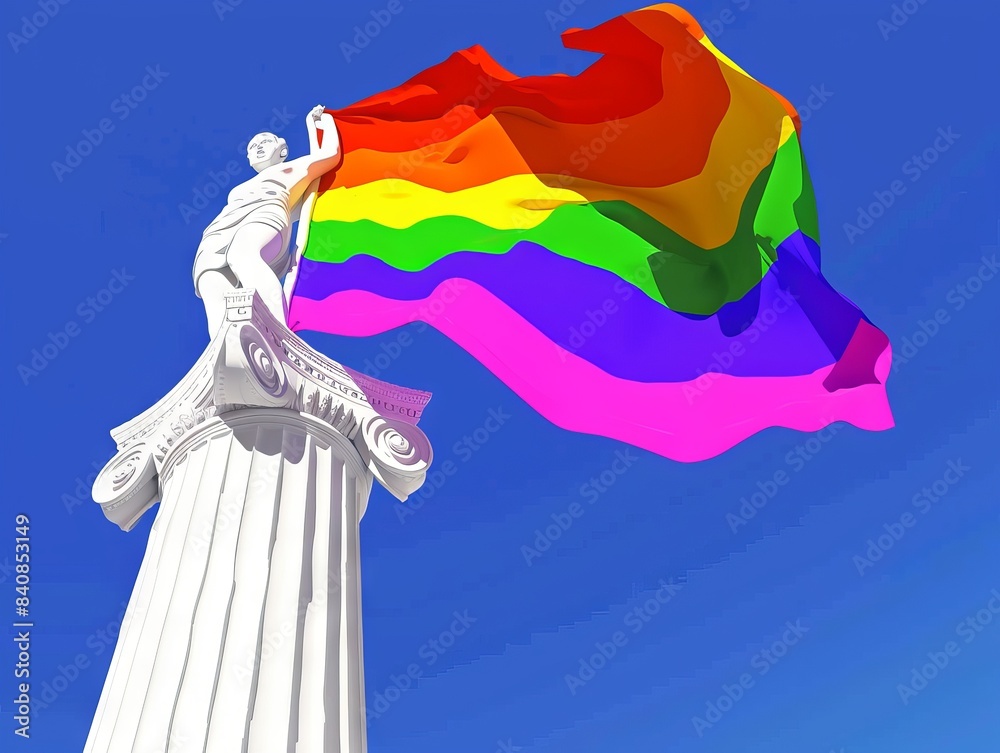 rainbow flag flutters in the wind against a clear blue sky, a symbol of ...