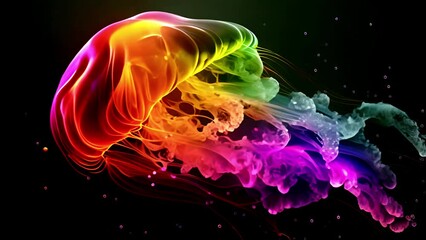Wall Mural - Bright rainbow jellyfish floating in a dark ocean. Magical Luminescent Jellyfish, Black Background of Jelly fish. Neon rainbow floating in sea 4k video fantasy
