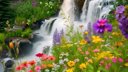 Wall Mural - Colorful wildflowers bloom in front of a cascading waterfall, A waterfall framed by vibrant wildflowers in full bloom