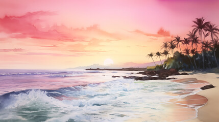 Watercolor sunset beach scene