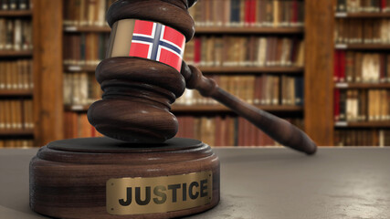 Norway Flag on Judge Hammer in Court with Word Justice. Justice System 3D Illustration