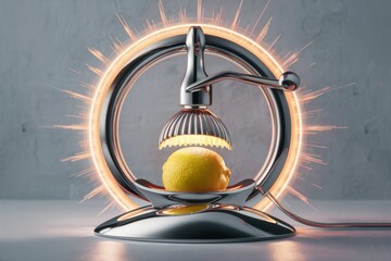 Poster - A lemon juicer with a lit up orange inside of it, AI