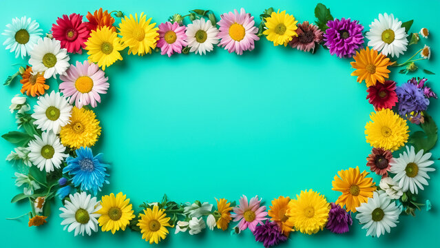 Abstract landscape oriented blank frame encircled by a diverse mix of colorful flowers on a teal background art illustration design