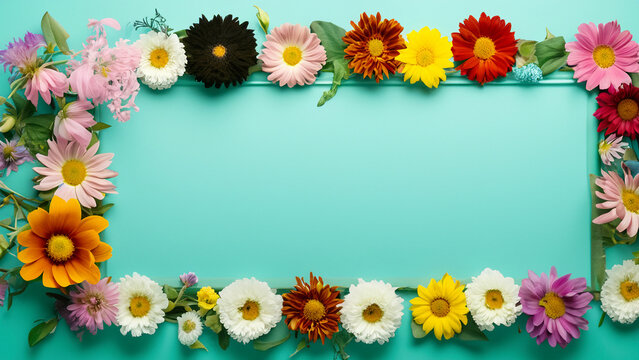 Abstract landscape oriented blank frame encircled by a diverse mix of colorful flowers on a teal background art illustration design