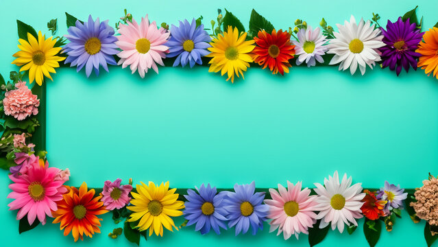 Abstract landscape oriented blank frame encircled by a diverse mix of colorful flowers on a teal background art illustration design