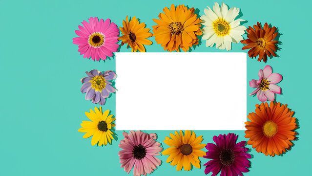 Abstract landscape oriented blank frame encircled by a diverse mix of colorful flowers on a teal background art illustration design
