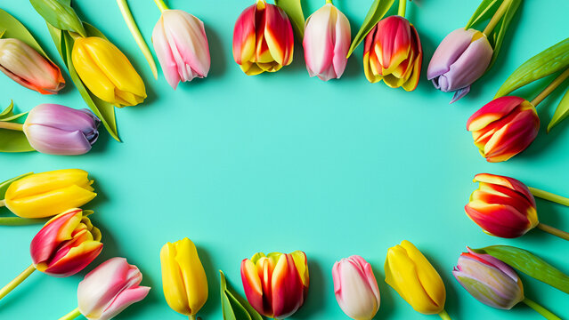 Abstract landscape oriented blank frame encircled by a diverse mix of colorful flowers on a teal background art illustration design