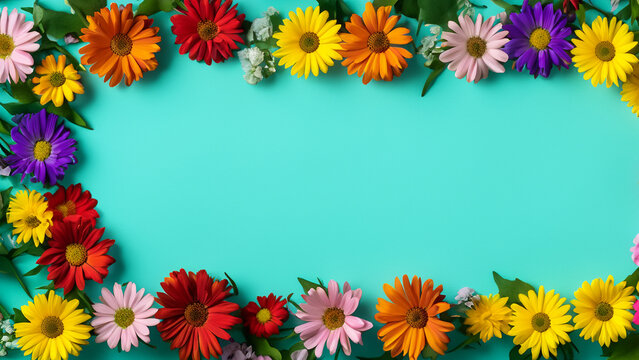 Abstract landscape oriented blank frame encircled by a diverse mix of colorful flowers on a teal background art illustration design