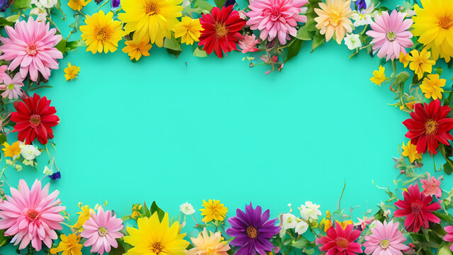 Abstract landscape oriented blank frame encircled by a diverse mix of colorful flowers on a teal background art illustration design