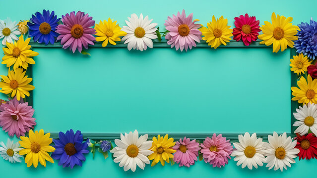 Abstract landscape oriented blank frame encircled by a diverse mix of colorful flowers on a teal background art illustration design