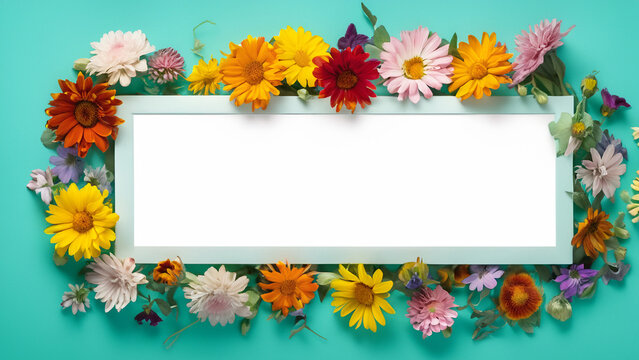 Abstract landscape oriented blank frame encircled by a diverse mix of colorful flowers on a teal background art illustration design