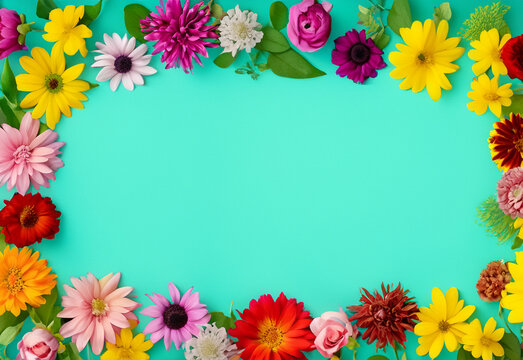Abstract landscape oriented blank frame encircled by a diverse mix of colorful flowers on a teal background art illustration design