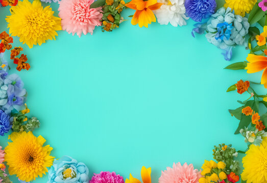 Abstract landscape oriented blank frame encircled by a diverse mix of colorful flowers on a teal background art illustration design