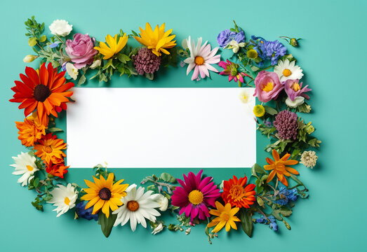 Abstract landscape oriented blank frame encircled by a diverse mix of colorful flowers on a teal background art illustration design