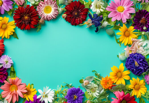 Abstract landscape oriented blank frame encircled by a diverse mix of colorful flowers on a teal background art illustration design