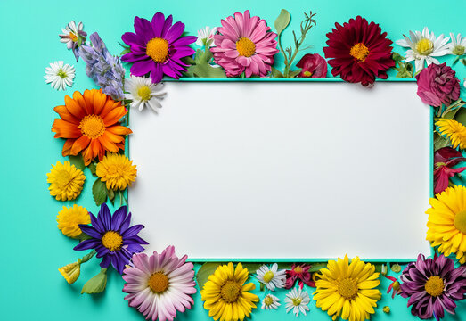 Abstract landscape oriented blank frame encircled by a diverse mix of colorful flowers on a teal background art illustration design