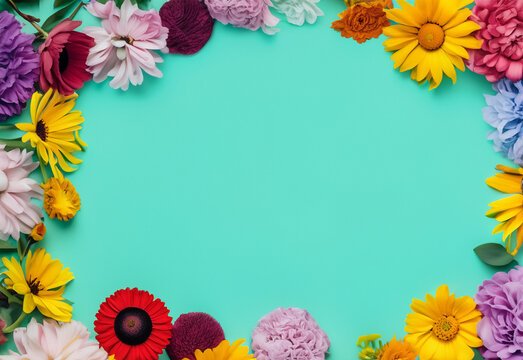 Abstract landscape oriented blank frame encircled by a diverse mix of colorful flowers on a teal background art illustration design