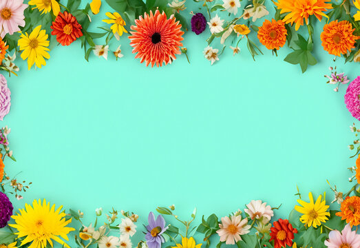 Abstract landscape oriented blank frame encircled by a diverse mix of colorful flowers on a teal background art illustration design