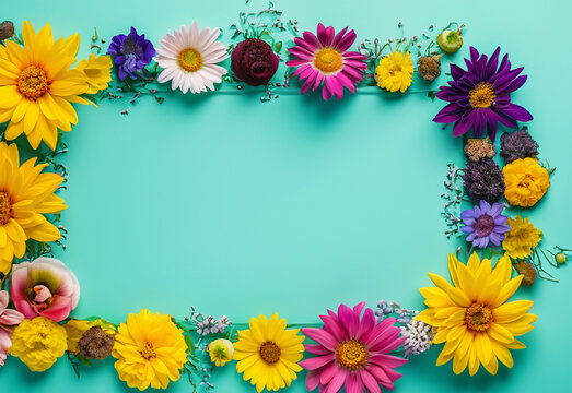 Abstract landscape oriented blank frame encircled by a diverse mix of colorful flowers on a teal background art illustration design