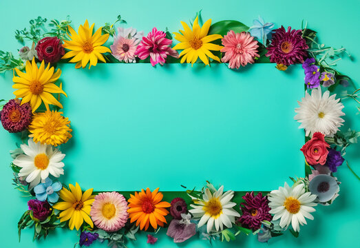 Abstract landscape oriented blank frame encircled by a diverse mix of colorful flowers on a teal background art illustration design