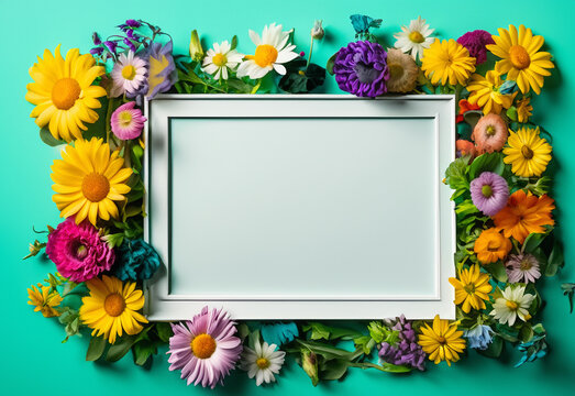 Abstract landscape oriented blank frame encircled by a diverse mix of colorful flowers on a teal background art illustration design