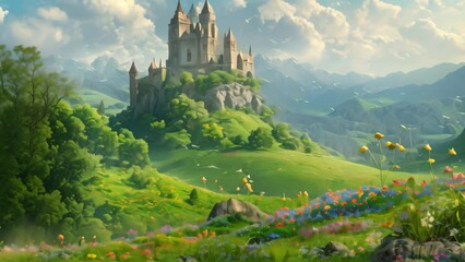 Poster - Majestic castle surrounded by open field, under clear sky, A whimsical fairytale castle perched on a cliff overlooking a waterfall