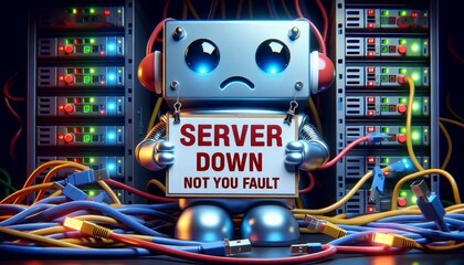 Sad robot with 'Server Down' sign in data center - An anthropomorphic robot looking sad with a 'Server Down' sign, set against a tangled backdrop of cables