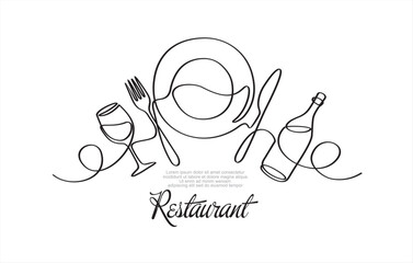 Sticker - Continuous one single line drawing of plate, fork, knife, bottle of wine and glass. Restaurant menu. Menu food design. Vector illustration.