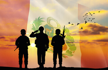 Silhouettes of soldiers with a background of the Peru flag and a sunset or sunrise. Concept of national holidays. Commemoration Day.