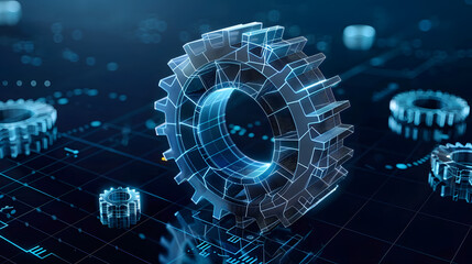 vector wireframe illustration of a gear on a dark blue background. mechanical technology machine eng