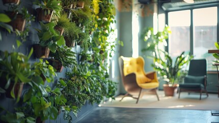 A vibrant wall of potted plants creates a calming, natural atmosphere in a modern office lounge