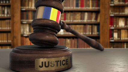 Wall Mural - Romania Flag on Judge Hammer in Court with Word Justice. Justice System 3D Illustration