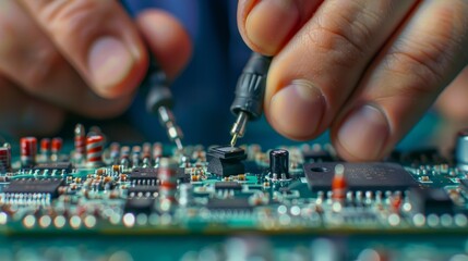 Wall Mural - A technician carefully solders components onto a circuit board, demonstrating the precision and focus required in electronics repair