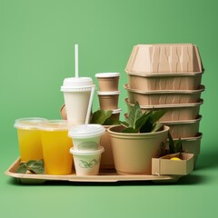 Wall Mural - Blank disposable food and beverages paper containers mockup. Food and beverages paper containers set on a background with copy space. Eco-friendly food take away container. Food eco  packaging.