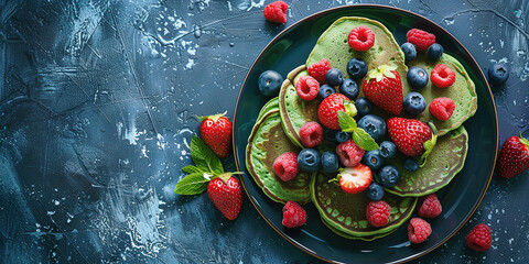 Wall Mural - Colorful background with a plate of delicious green pancakes with lovely berries