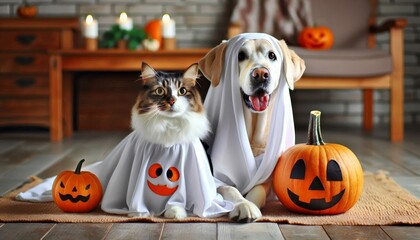 Canvas Print - Dog and cat in ghost costumes with pumpkins - Cute dog and cat dressed in ghost costumes surrounded by Halloween pumpkins and autumn decor