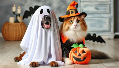 Wall Mural - Pets dressed for Halloween celebration - A happy dog disguised as a ghost and a cat in a witch hat sitting with a jack-o'-lantern