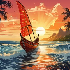 Wall Mural - A simple yet captivating illustration of a traditional Hawaiian canoe on the ocean, with the sun setting in the background. The artwork evokes a sense of adventure and the rich cultural heritage