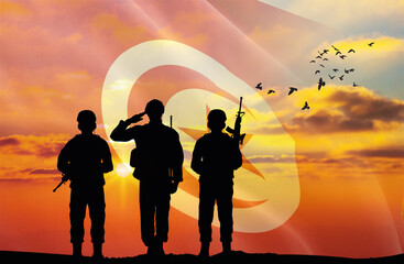 Wall Mural - Silhouettes of soldiers with a background of the Tunisia flag and a sunset or sunrise. Concept of national holidays. Commemoration Day.