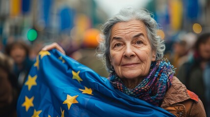 Wall Mural - Old woman holding european union flag