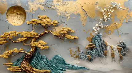 Volumetric stucco molding on a concrete wall with golden elements, Japanese landscape, waterfall, mountains, sakura.