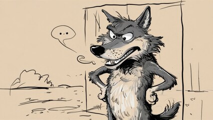 Wall Mural - A cartoon wolf standing in front of a door with speech bubbles, AI