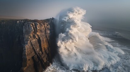 Wall Mural - A massive wave crashes against a dramatic cliff face, creating a beautiful and powerful display of natures force at sunset