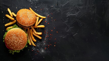 Canvas Print - Two delicious beef burgers with sesame seeds and French fries on a black background. The image is a flat lay, with copy space on the right