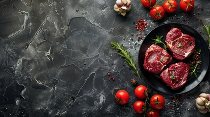 Wall Mural - Three raw Denver steaks on a black plate, surrounded by fresh herbs, tomatoes, and peppercorns