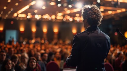 Wall Mural - A speaker stands on stage in front of a large crowd during an inspirational event held in a well-lit convention hall
