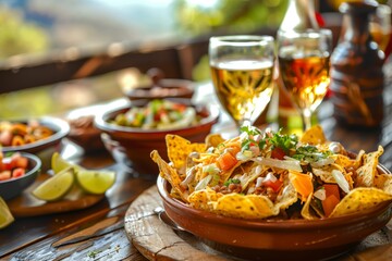 A bowl of loaded nachos with two glasses of white wine on a wooden table