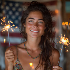 Beautiful woman holding sparkles. background American flag. independence day