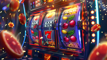 Canvas Print - Modern illustration to represent casino slot machine spin machine screen interface, game lightning fruit icons on background, gambling bar symbol cartoon neoteric modern illustration.